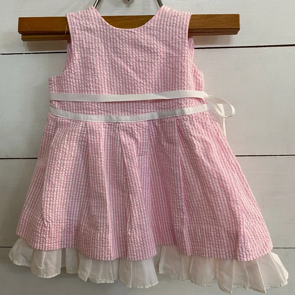 Ralph Lauren Infant Girl Sz 6M Pink/White Pinstripe Seersucker Dress‎
